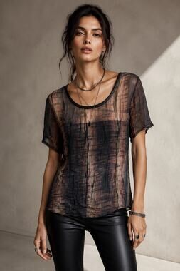 Avant Garde Nicholas K Abstract Plaid Sheer Open Back Leather Trim Luxury Top M